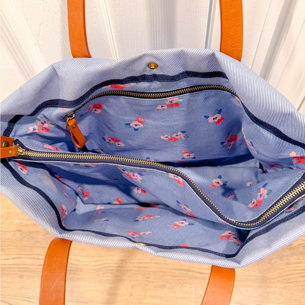 Cath Kidston Light Blue Canvas Tote with Tan Leather Handles - Picture 2 of 7